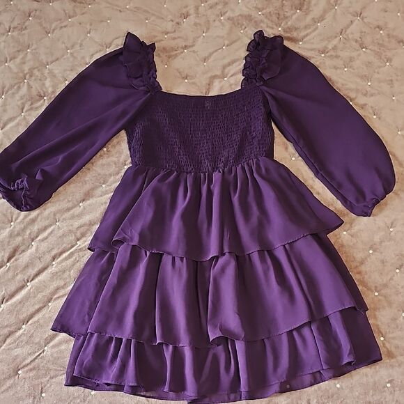 Women's Smocked Bodice Ruffle Mini Dress Square Neck Long Sleeve, Size L - Picture 2 of 6